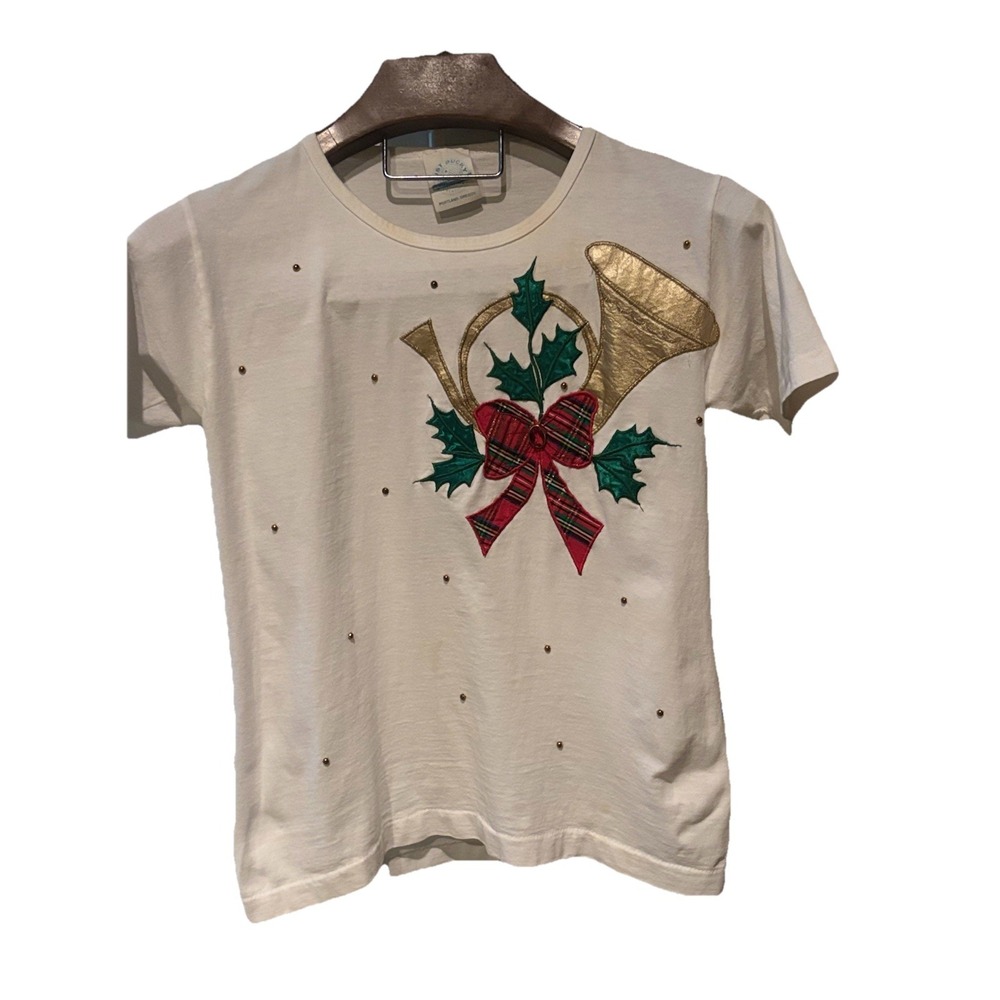 Just Ducky Small Holiday  T-Shirt Appliqué  Horn Design Graphic Tee Holly  Bows‎